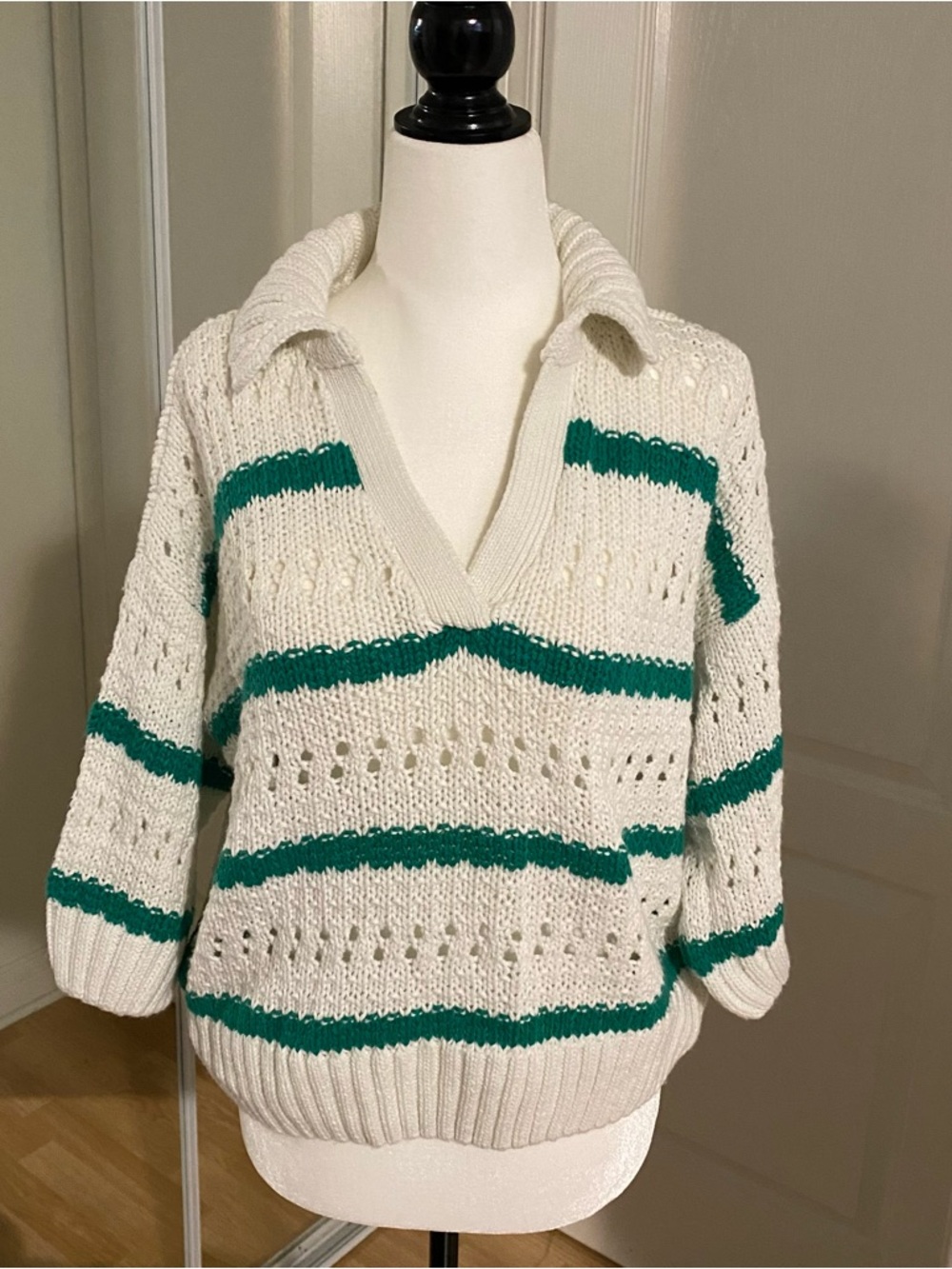 Retrod Open-Knit V-Neck Sweater with Green Stripes